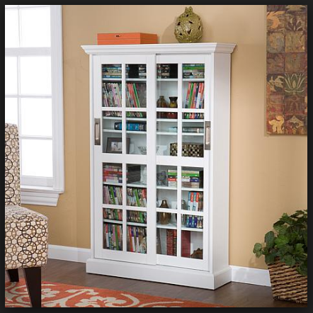wooden bookcases with sliding glass doors